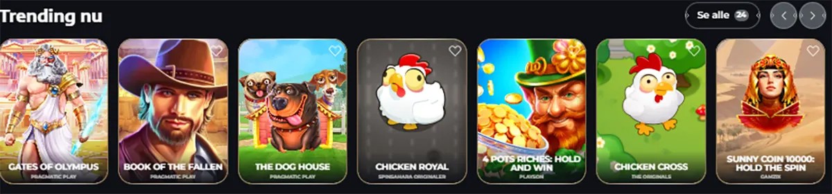 Trending casino games including Gates of Olympus, Book of the Fallen, The Dog House, Chicken Royal, Pots Riches Hold and Win, Chicken Cross, and Sunny Coin 10000 Hold the Spin.