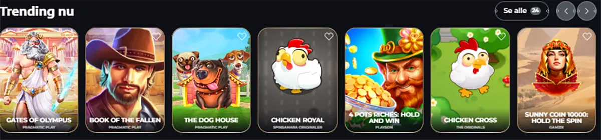Trending casino games including Gates of Olympus, Book of the Fallen, The Dog House, Chicken Royal, Pots Riches Hold and Win, Chicken Cross, and Sunny Coin 10000 Hold the Spin.